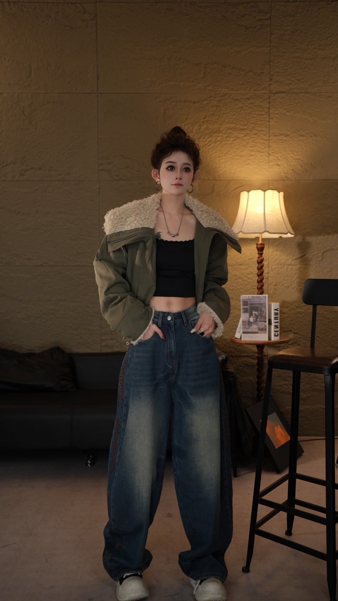 6088美式复古设计感侧边字母牛仔裤女辣妹宽松慵懒风长裤