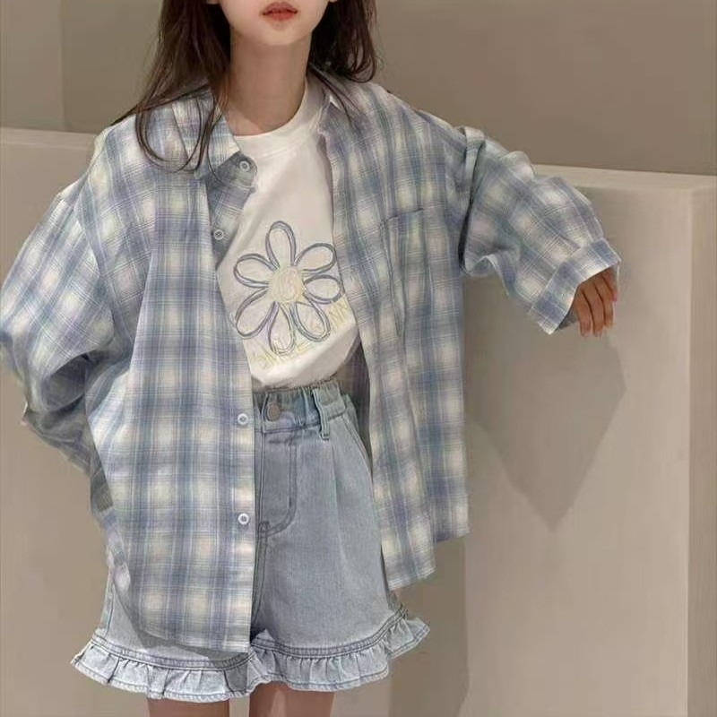 2160韩版2025夏款儿童时尚白色花朵短袖+牛仔短裤+薄格子寸衫套装