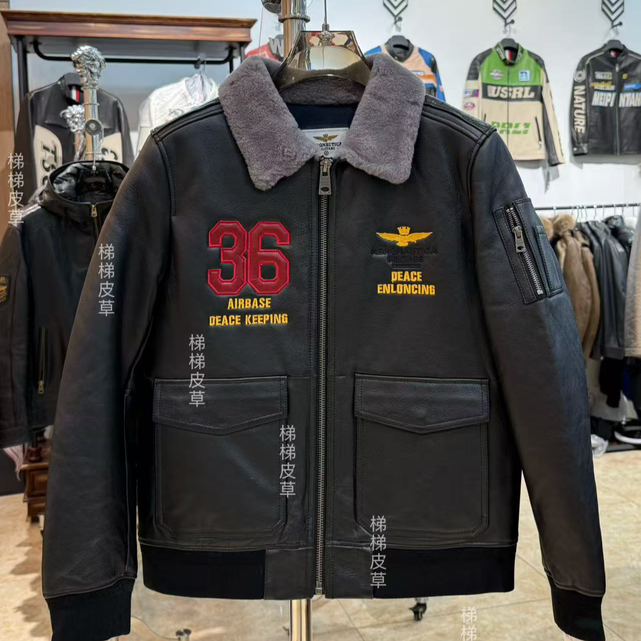 男士皮毛一体羊皮羊毛冬装飞行服重工刺绣夹克休闲黑色现货8787