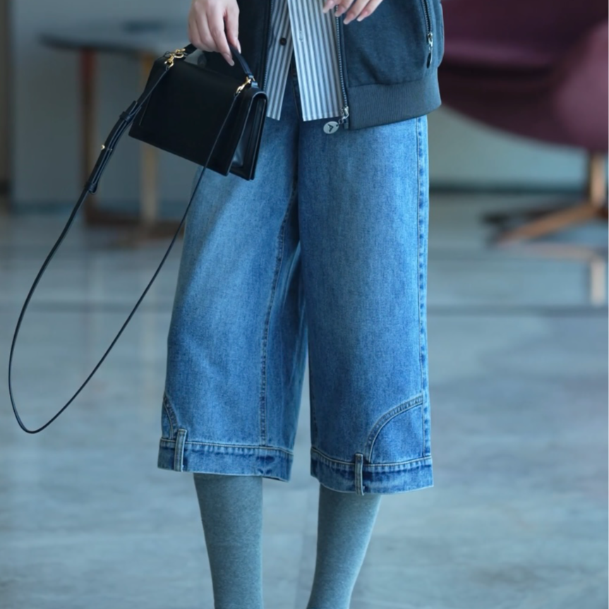 AMASS/阿玛施早春新款洋气百搭复古宽松直筒阔腿七分牛仔裤510069