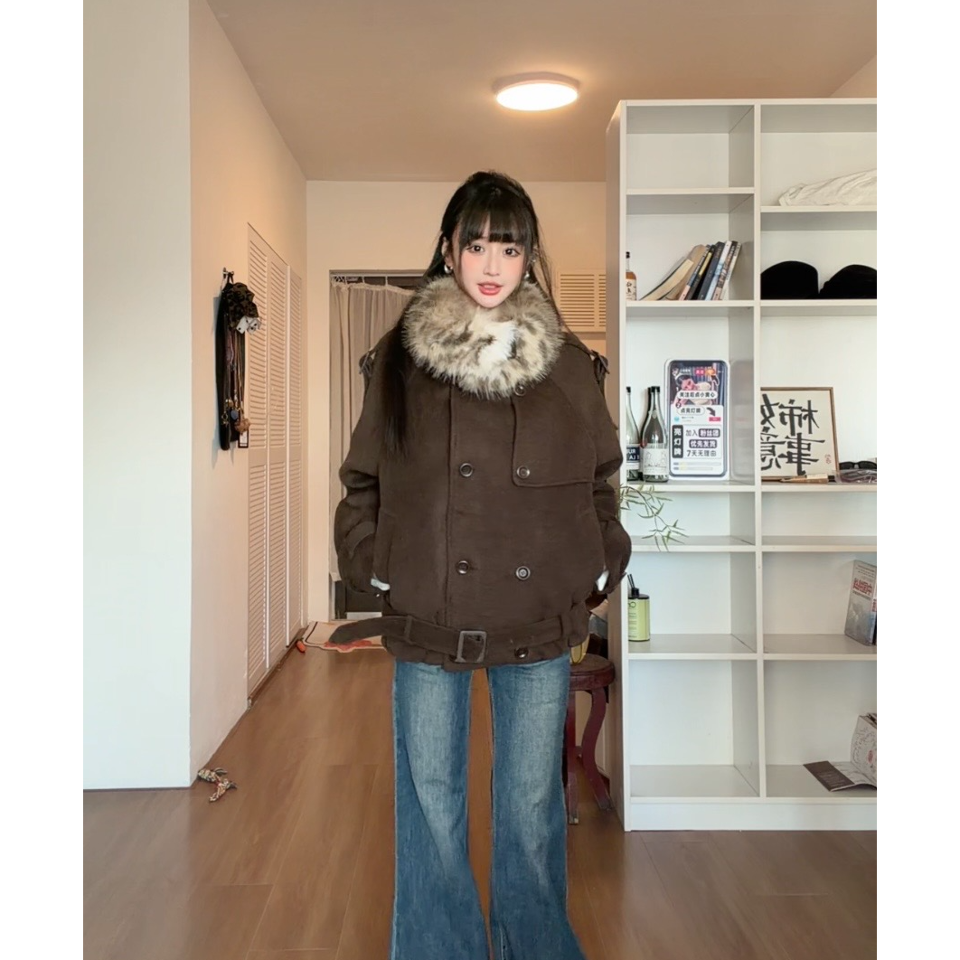 [羊毛+夹棉]可拆卸毛领宽松双排扣双面多穿夹克大衣外套