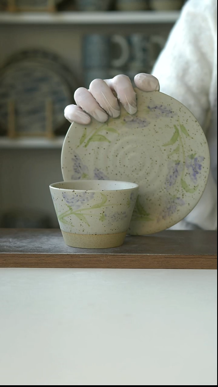 陶瓷粗陶手绘薰衣草猪口杯+甜品盘220ml@7-6@