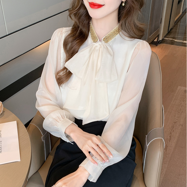 2025春季立领重工亮片蝴蝶结飘带衬衫女通勤OL气质上衣