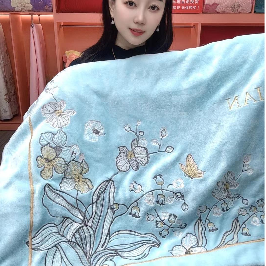 【铃兰】蓝绣花加厚牛奶绒四件套刺绣牛奶绒被套大床单枕套5