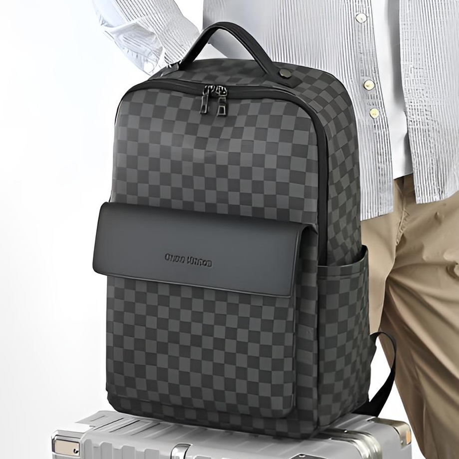 大容量男士休闲牛皮双肩包通勤电脑包简约英伦风时尚格子出差旅行