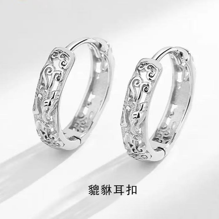 S 999耳饰 貔貅女耳环冷淡风浮雕立体感简约