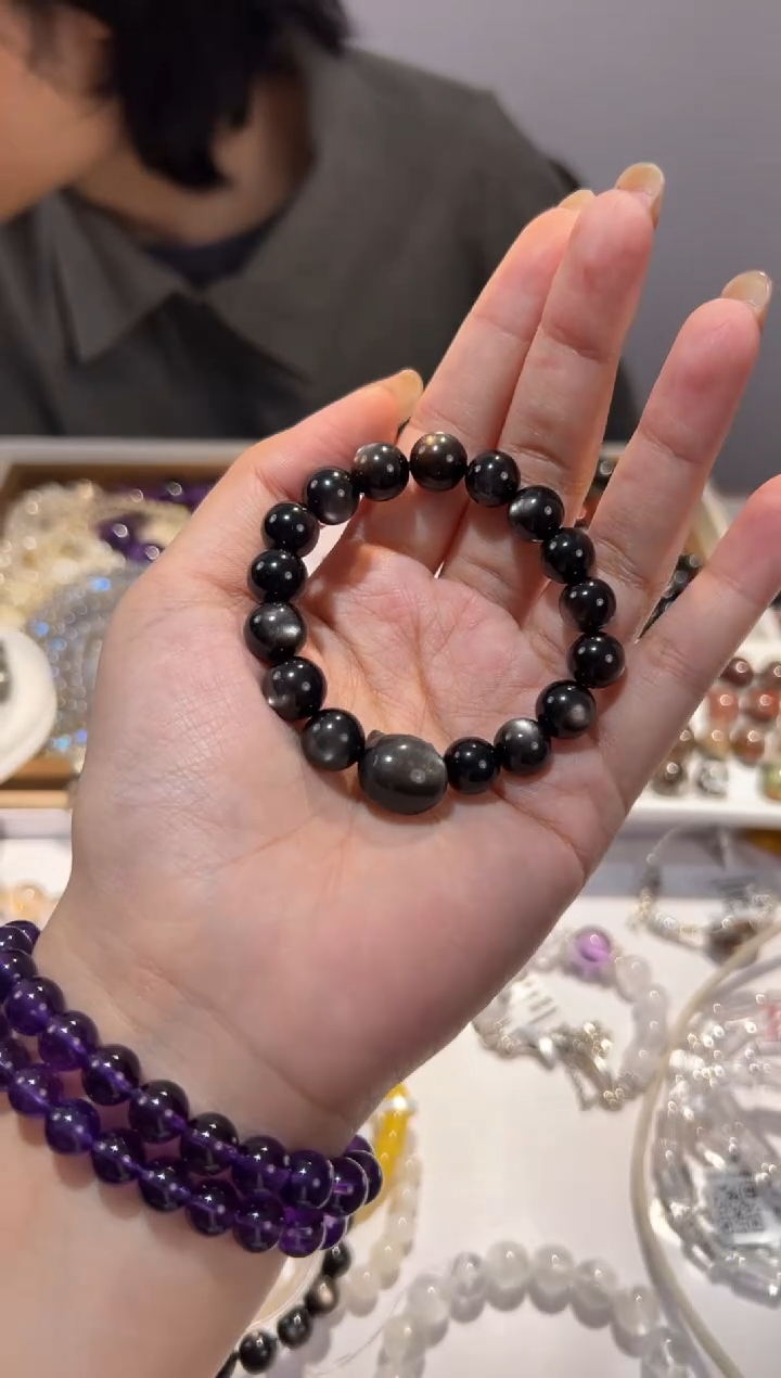 【闪购商品】黑曜岩手链未镶嵌10mm‘银曜石猫头