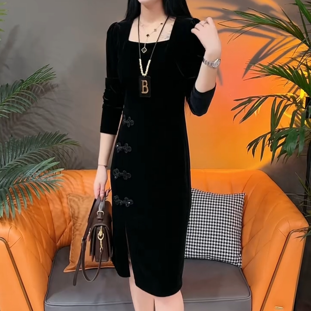 秋季丝绒连衣裙2025时尚百搭修身显瘦遮肉洋气中长裙新款网红爆版