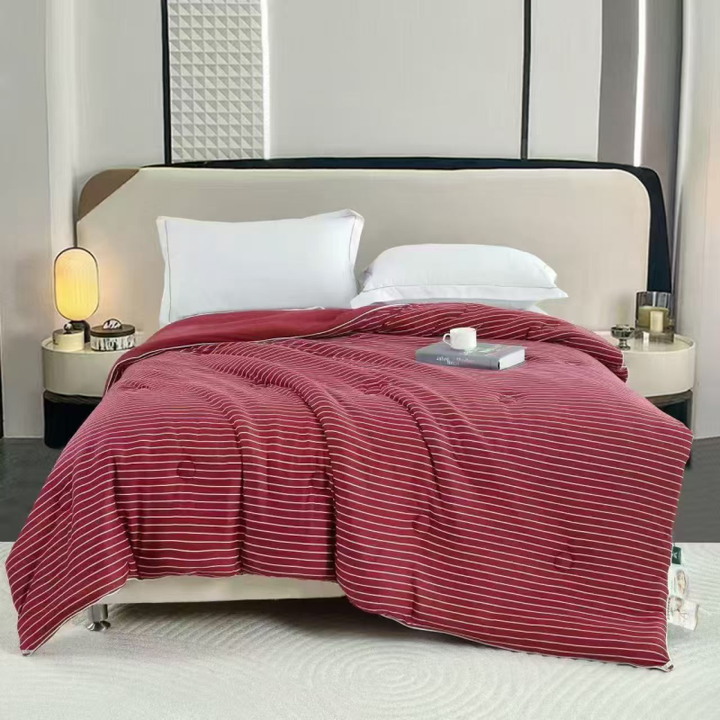 纯棉针织被子--红条纹200*230多功能双面加厚双层包边全棉色织