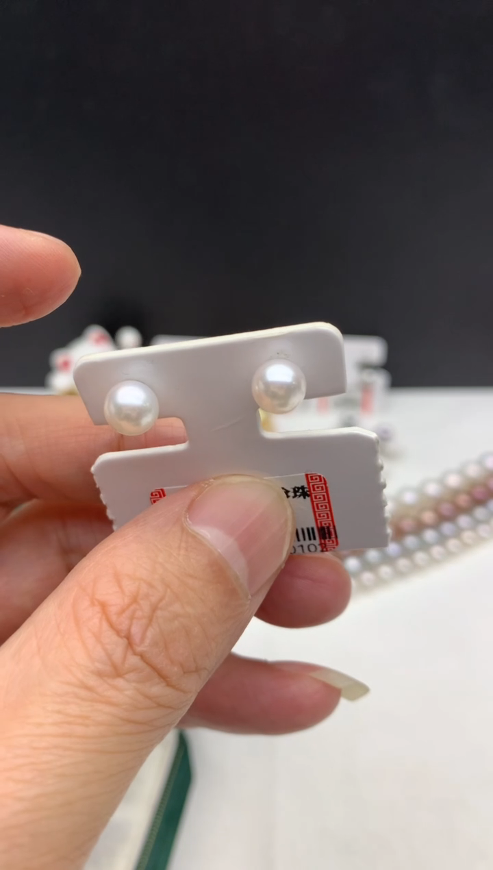 银S925镶嵌ff海水珍珠akoya白珠耳饰6~7mm