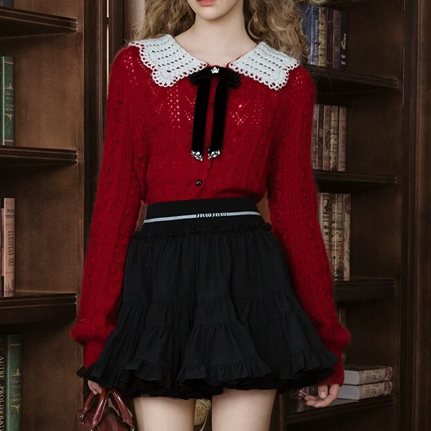 【D350】2025春季新款过年红色丝绒镂空毛针织衫毛衣