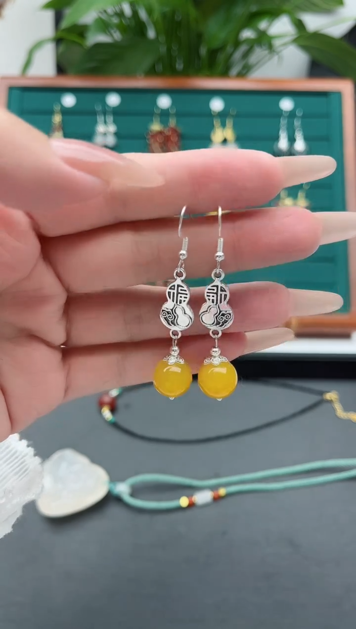 【闪购商品】玛瑙/玉髓耳饰银S925镶嵌801黄色