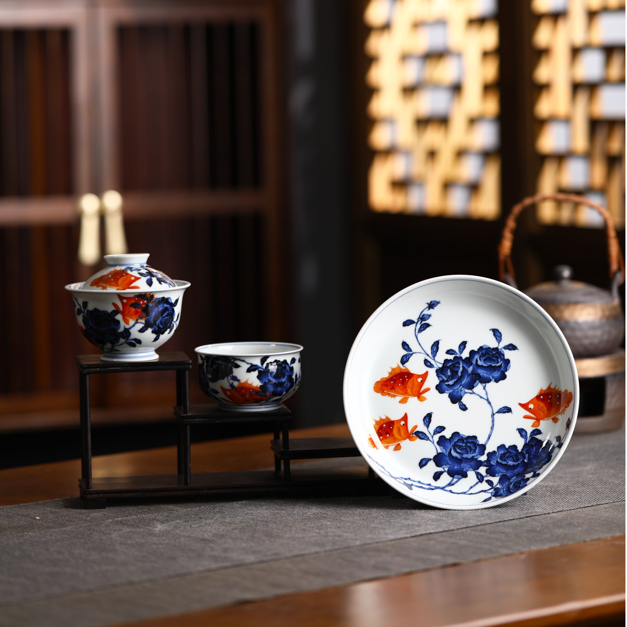 【小卿亭】青花矾红  描金纯手绘月季鳜鱼陶瓷茶具景德镇高端礼盒装