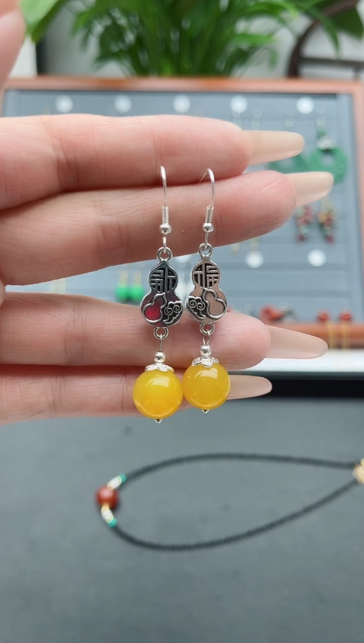 【闪购商品】玛瑙/玉髓耳饰银S925镶嵌801黄