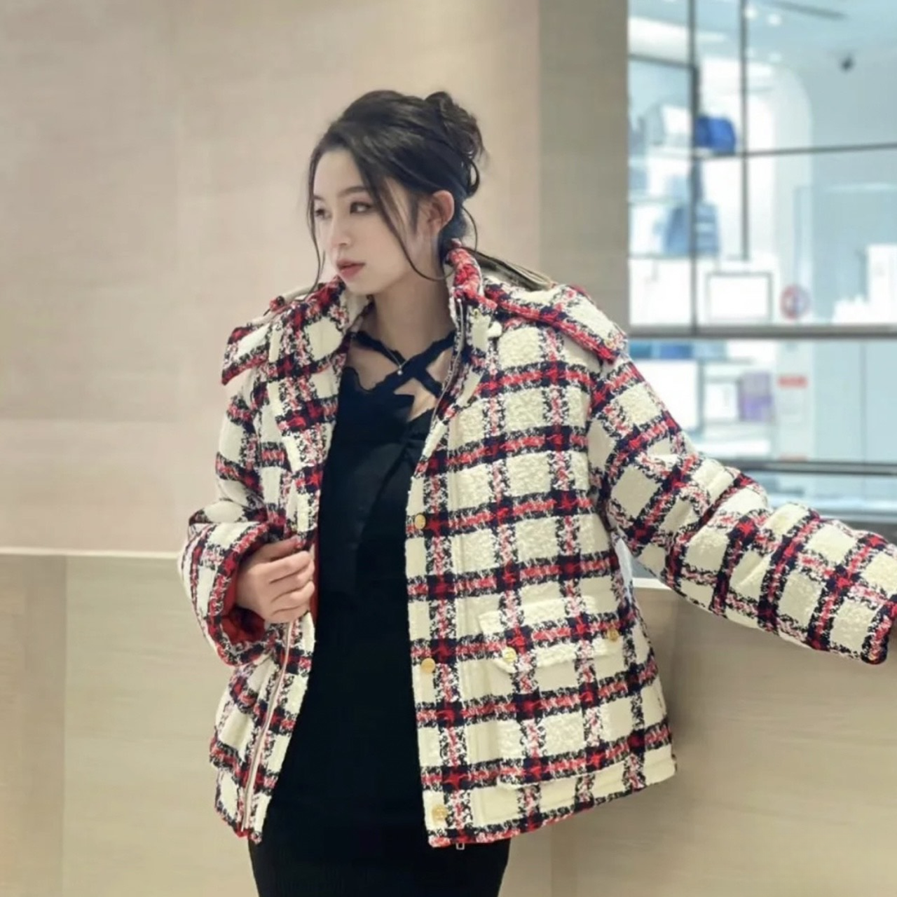 全新未使用 GUCCI/古驰 积分-288汤/P205639101/白红蓝格纹厚外套