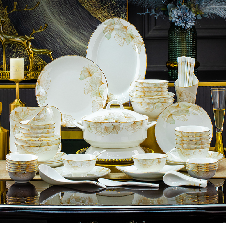 【幸福时光】86件骨瓷景德镇高颜值金边餐具家用送礼碗盘简约套装