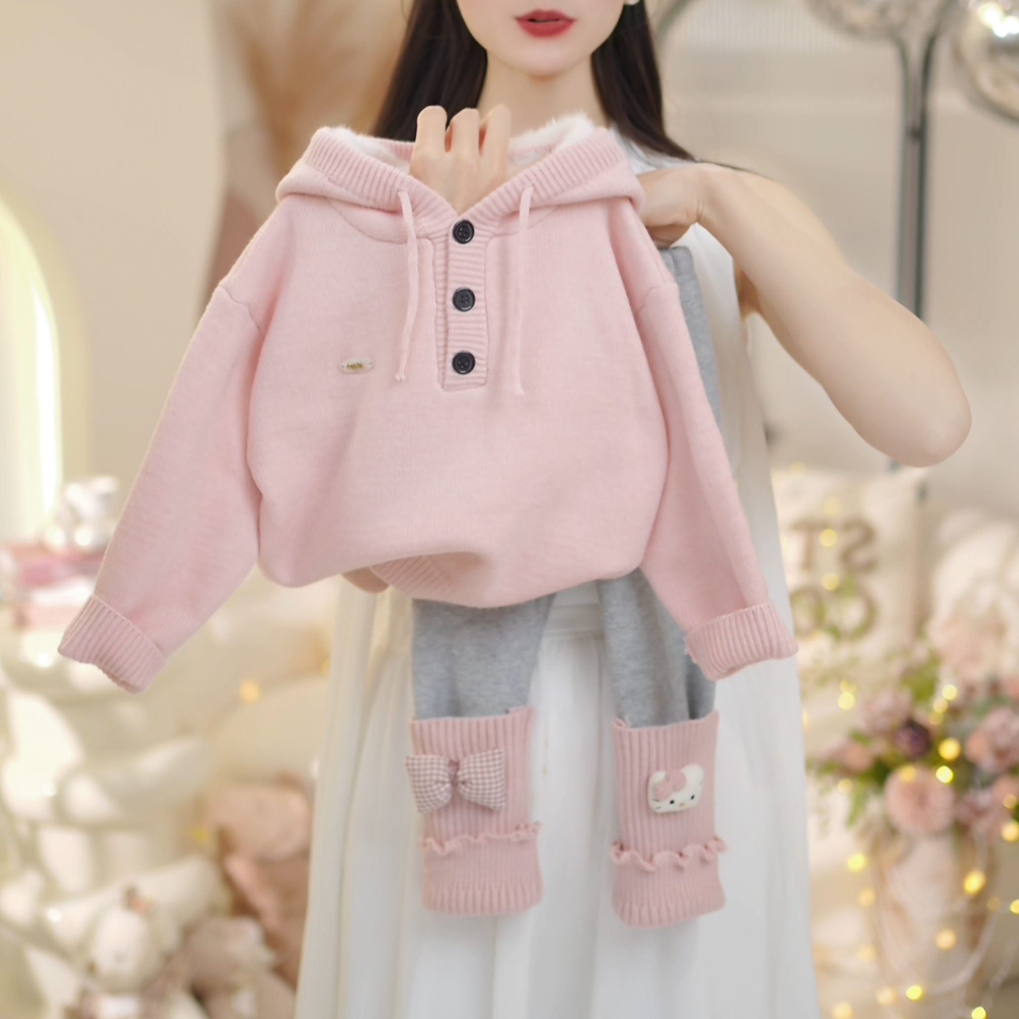 【现货】女童2025冬季新款连帽一体绒毛衣+加绒打底裤套装C23931