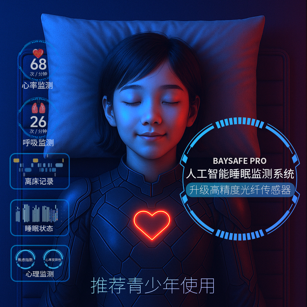 睡眠心率呼吸体征监测传感器单人垫智能监护设备6岁以上成人适用