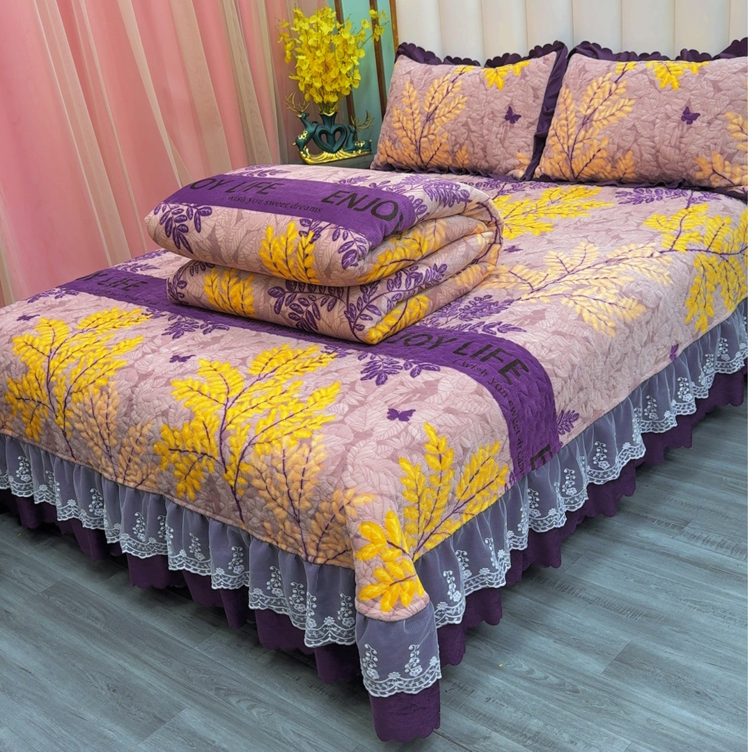 【床盖四件套】夹棉加厚防滑床盖三件套牛奶绒四件套加绒床裙