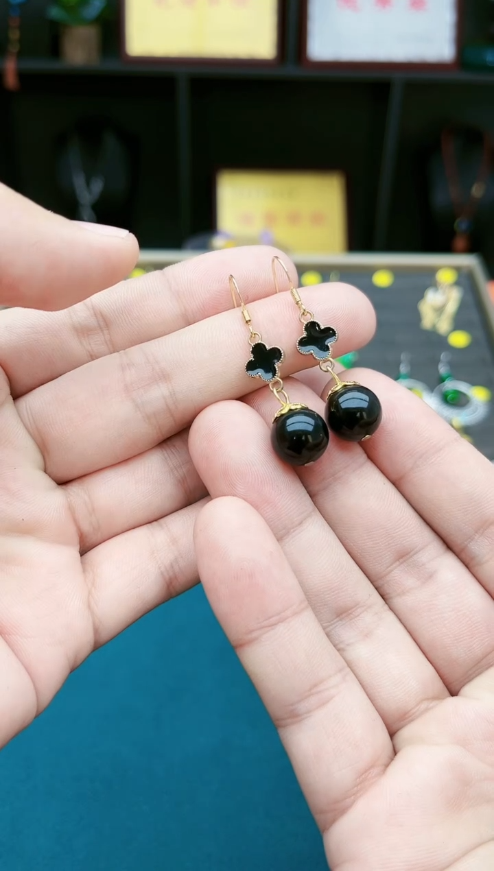 【闪购商品】黑曜岩耳饰银S925镶嵌204000