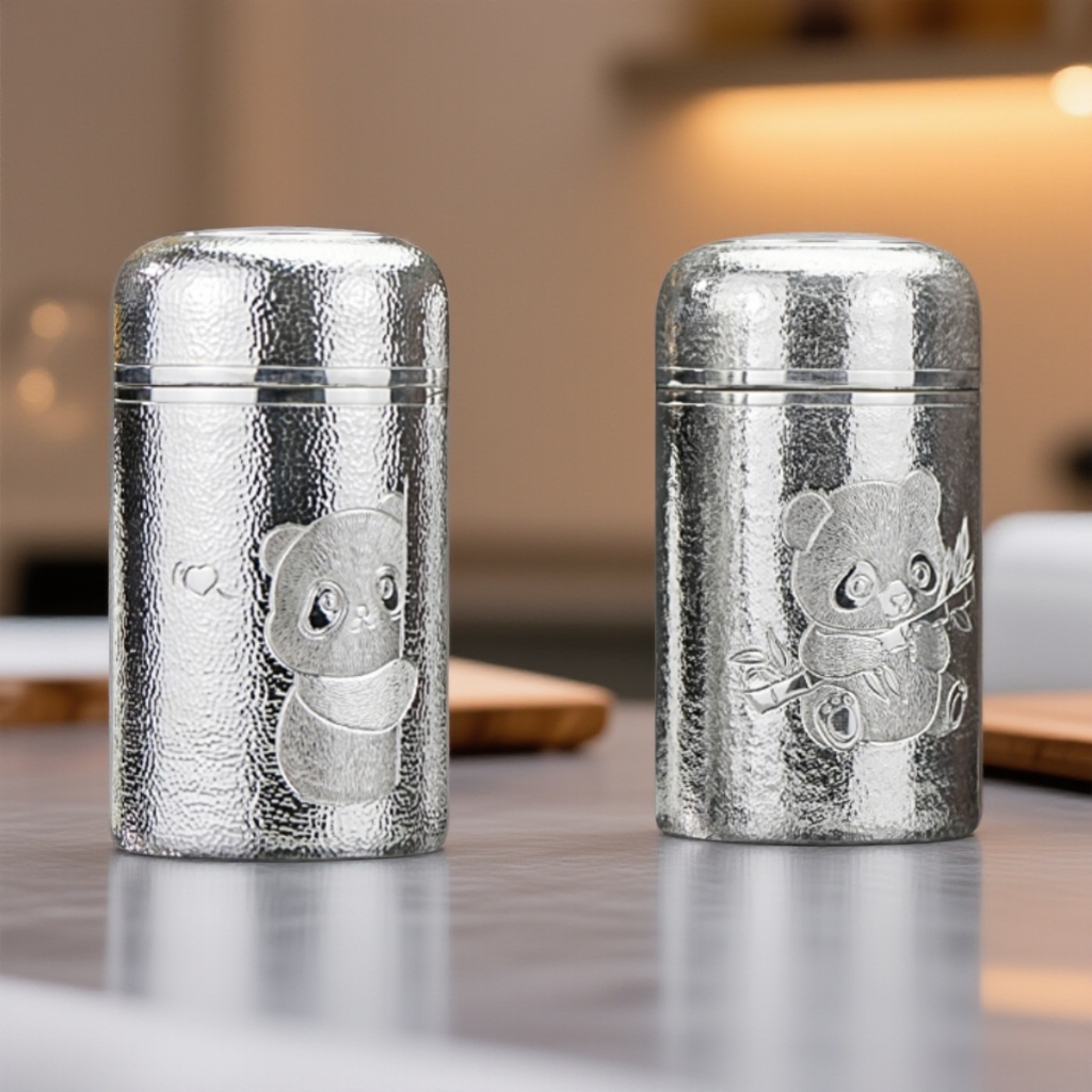 足银银制品 银水杯999通体全银杯纯手工锤纹熊猫杯泡茶足银银杯子