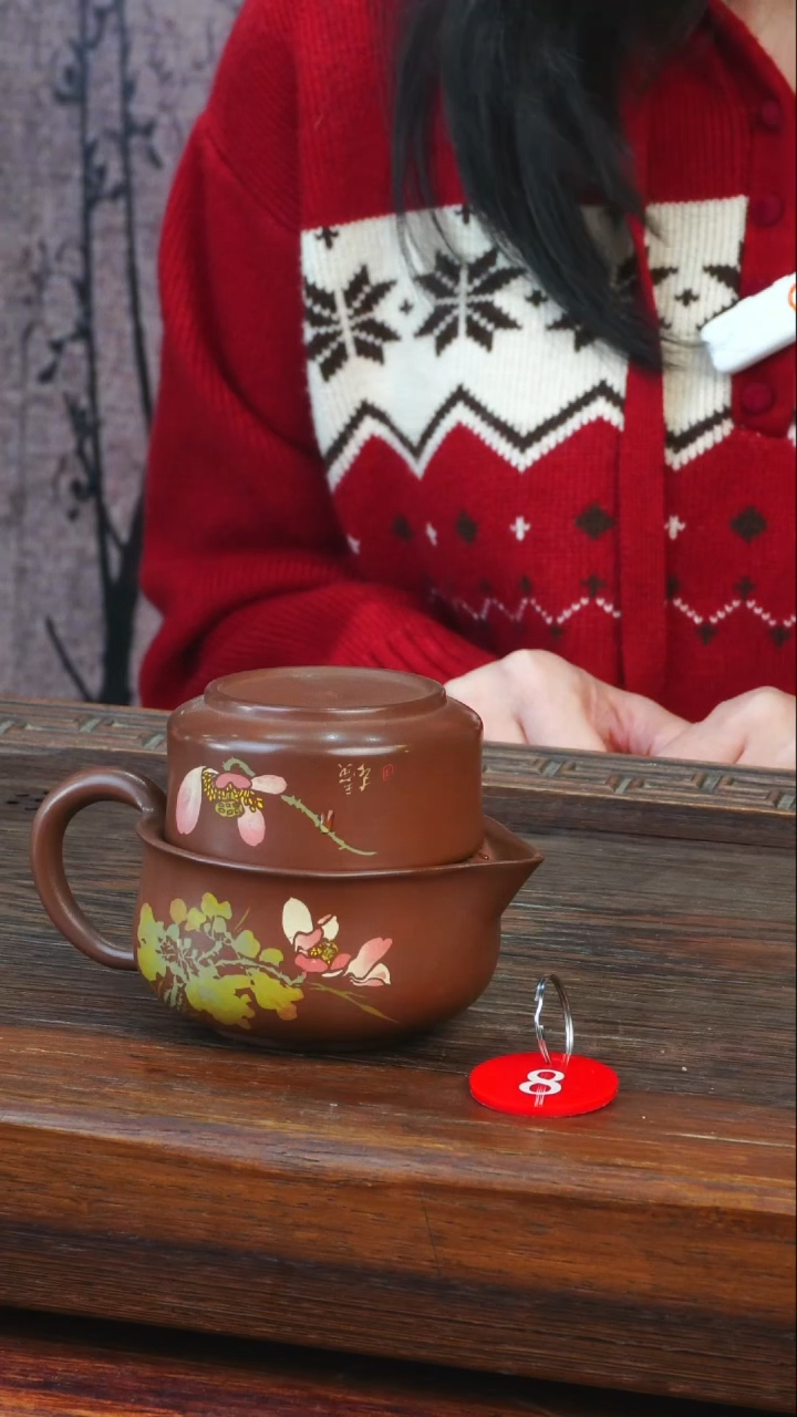 8号逢春紫陶全手工羊肝红多道刻填扣杯150ml（微瑕）杯子120ml