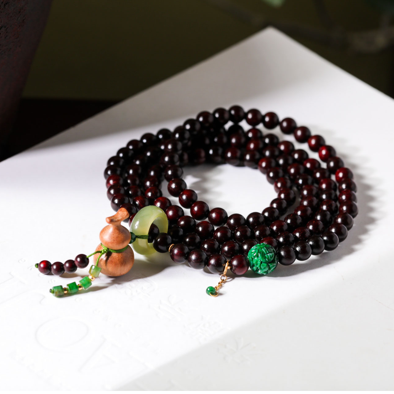 【意婵】《道信》6mm108珠老料鸡肝红小叶紫檀翡翠18K金和田玉-911862