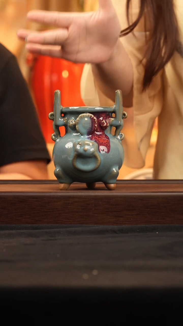 瓷片【海棠陶砂】钧瓷57三足炉