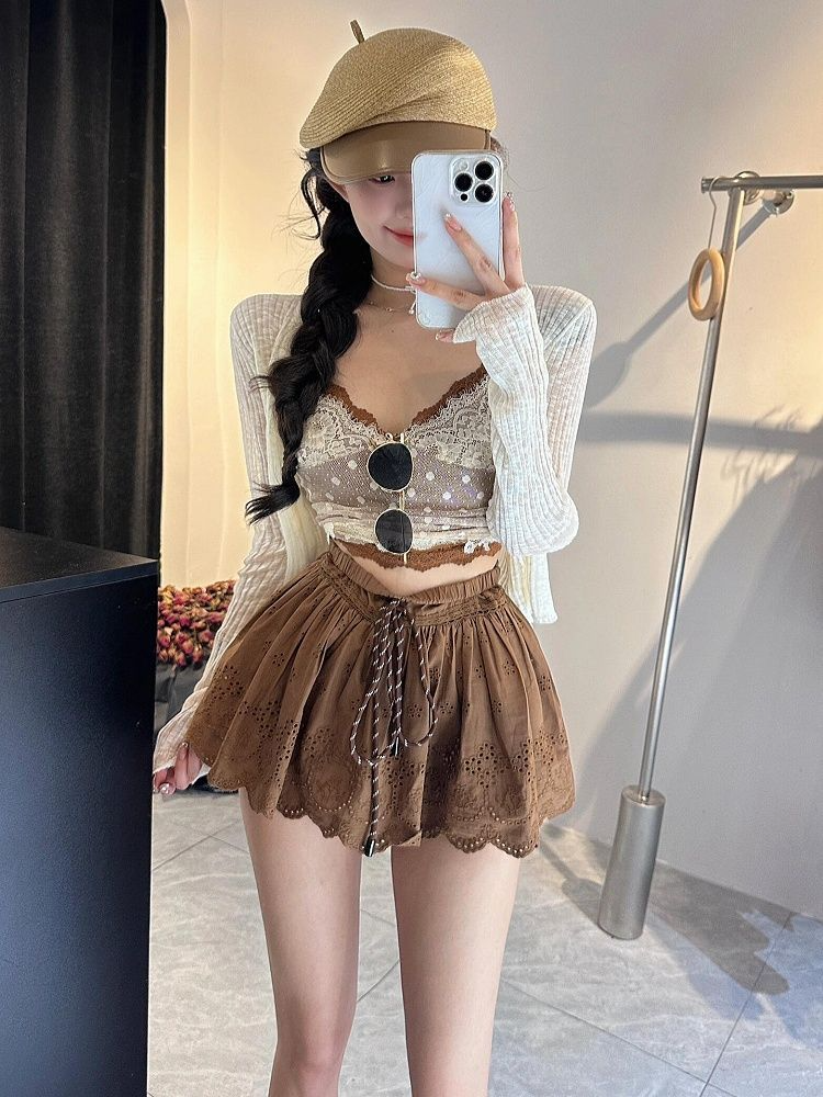 纯欲风针织开衫女夏季内搭蕾丝波点吊带背心性感系带a字短裙套装