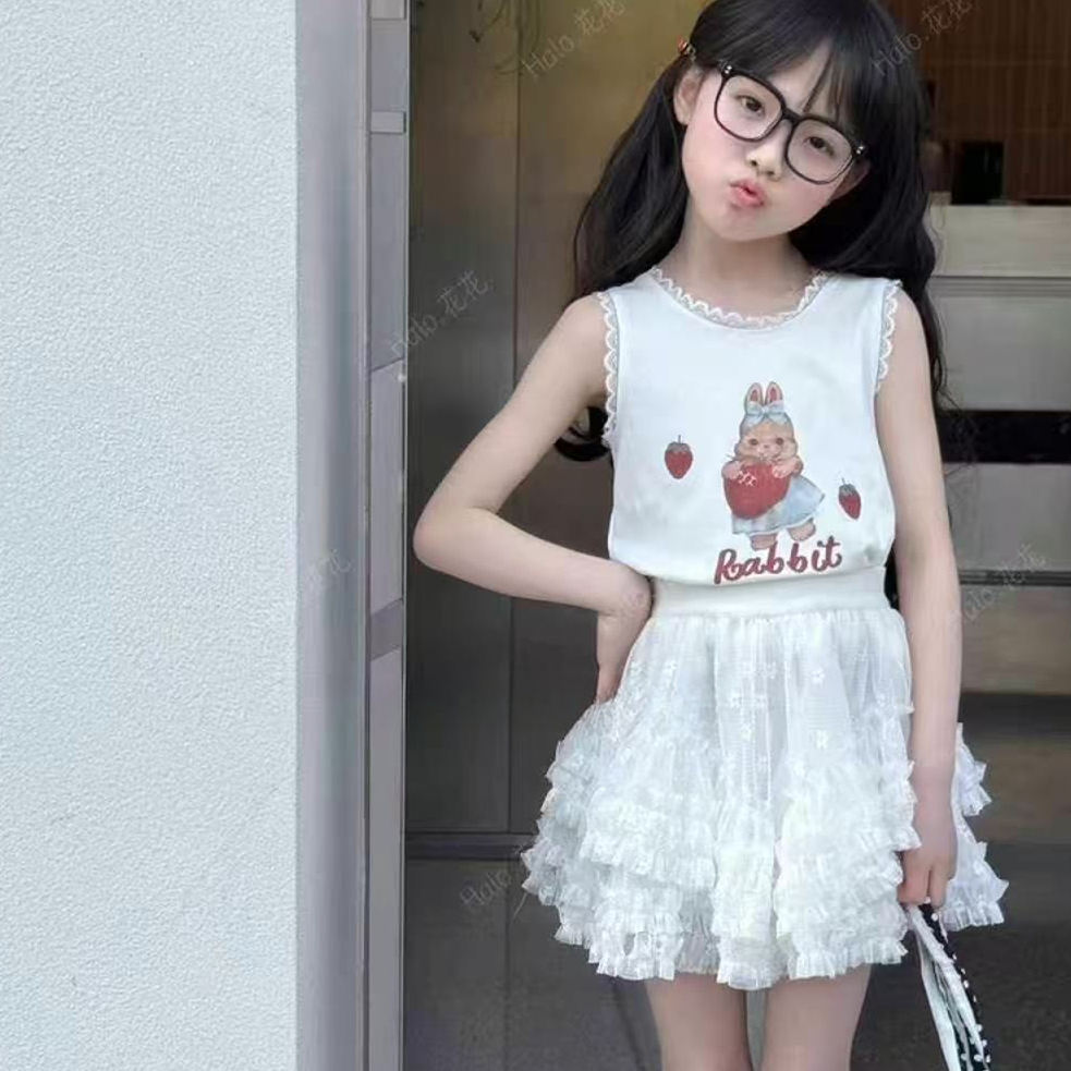 【haobaby】2025夏款草莓小兔花边无袖背心5355