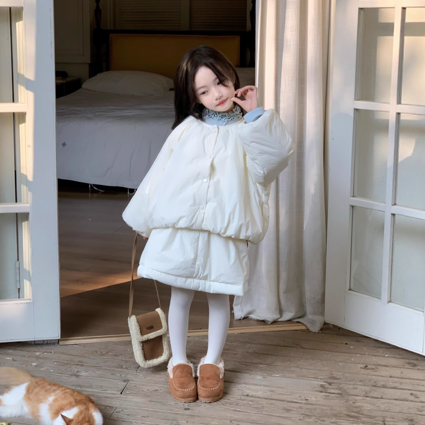 大橙子Studio女童2025冬季新款花苞泡泡棉服外套夹棉裙子洋气套装