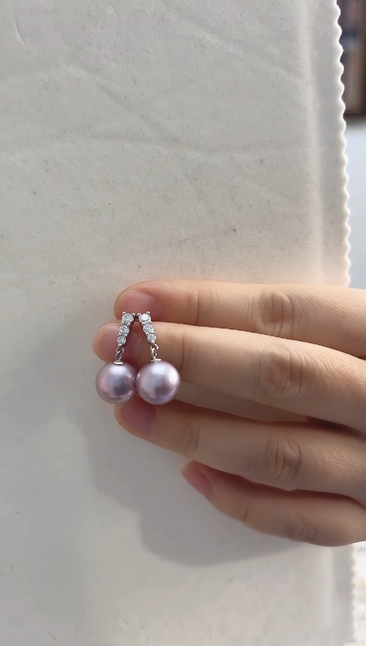 银S925镶嵌耳饰淡水珍珠大***?11-12紫色三钻