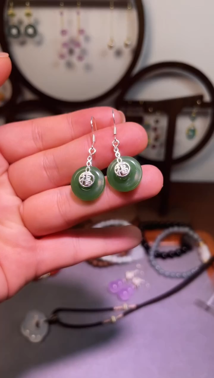 银S925镶嵌和田玉耳饰121000