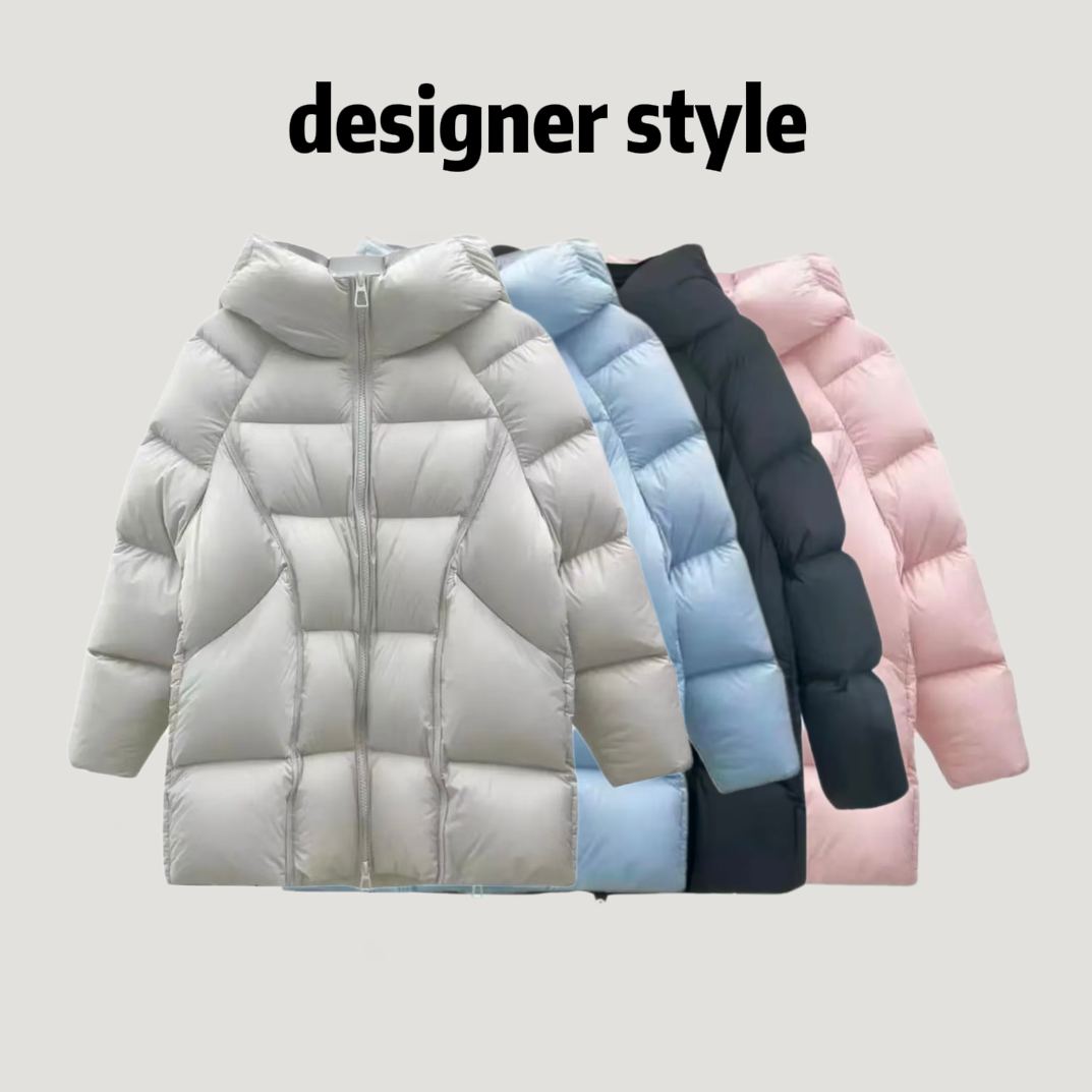 自带哑光珠光感 轻奢重工中长连帽90白鸭绒厚款羽绒服女A8