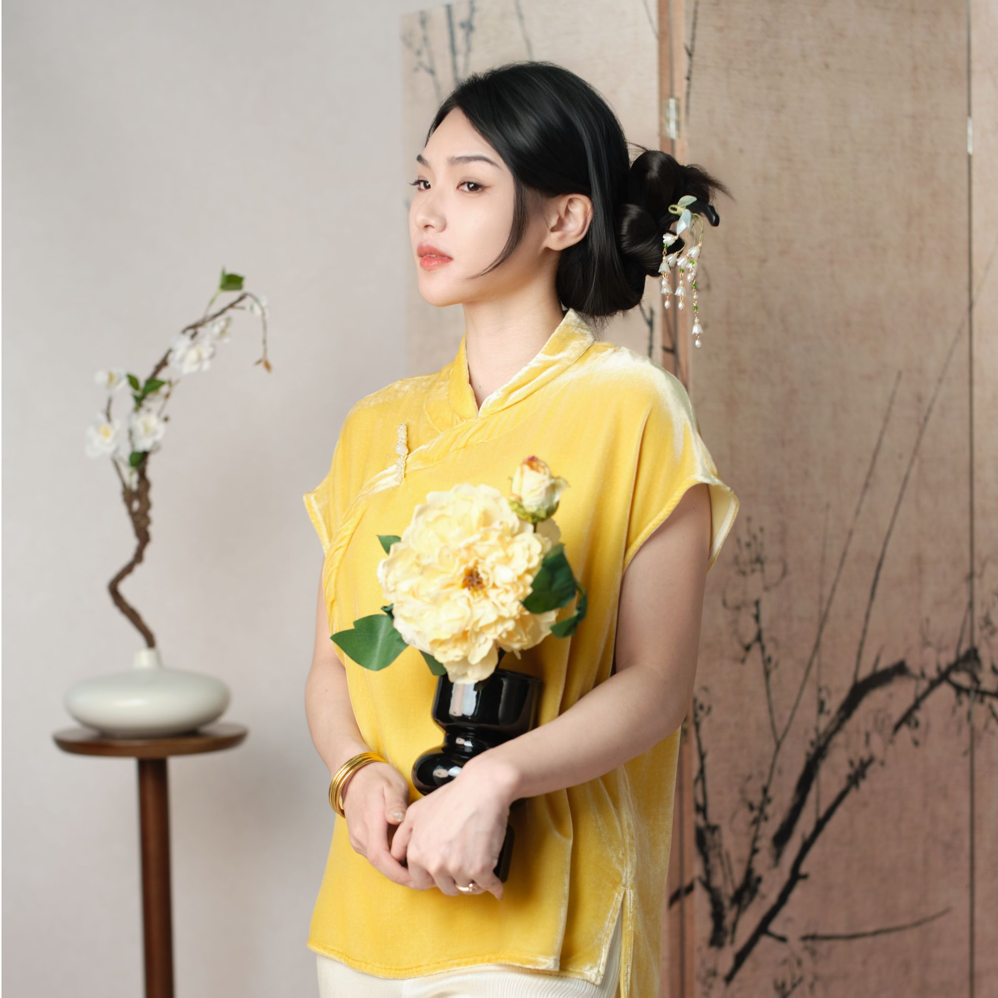 CHEN HENG真丝丝绒女透气百搭夏季斜襟薄款短款落肩轻奢风