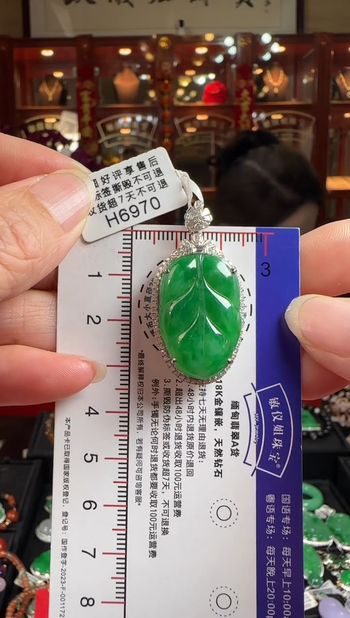 【闪购商品】翡翠颈饰18K金镶嵌H6970冰辣绿叶子