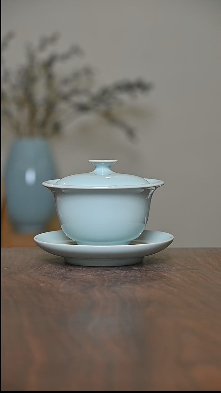 天青釉 手拉元宝盖碗 朱法喜作品120ml