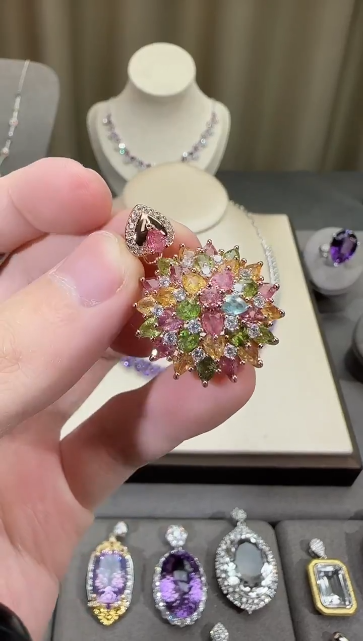 颈饰银S925镶嵌碧玺23mm繁花大吊坠多样性发一