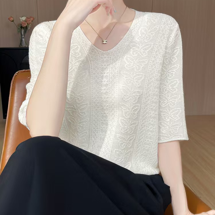 v领精纺提花针织短袖t恤女夏装2025新款半中袖宽松时尚号NSY-351