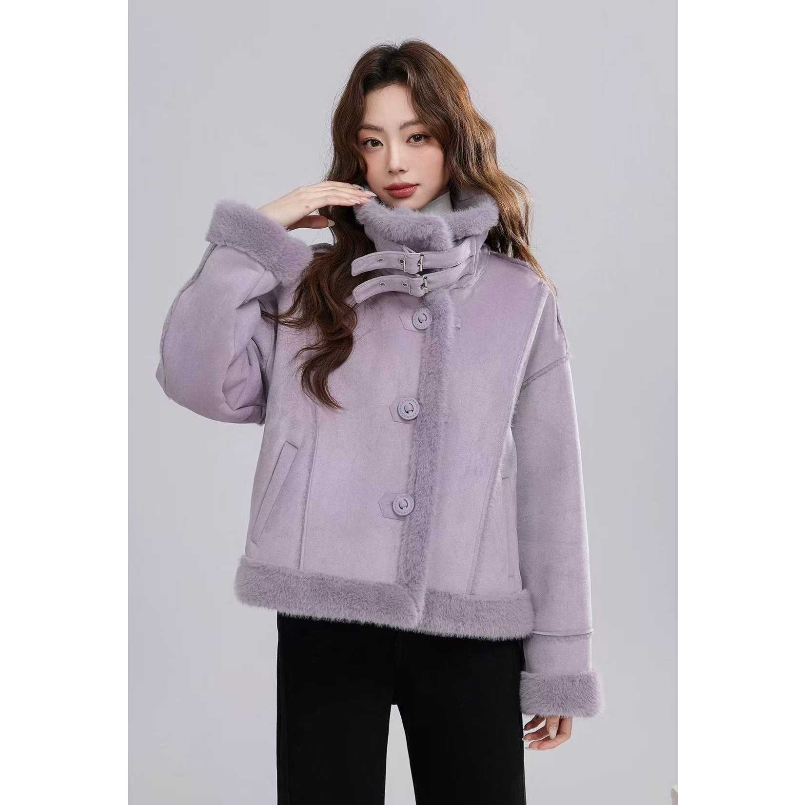 立领慵懒风冬季女常规款短外套女装短款宽松大衣毛呢