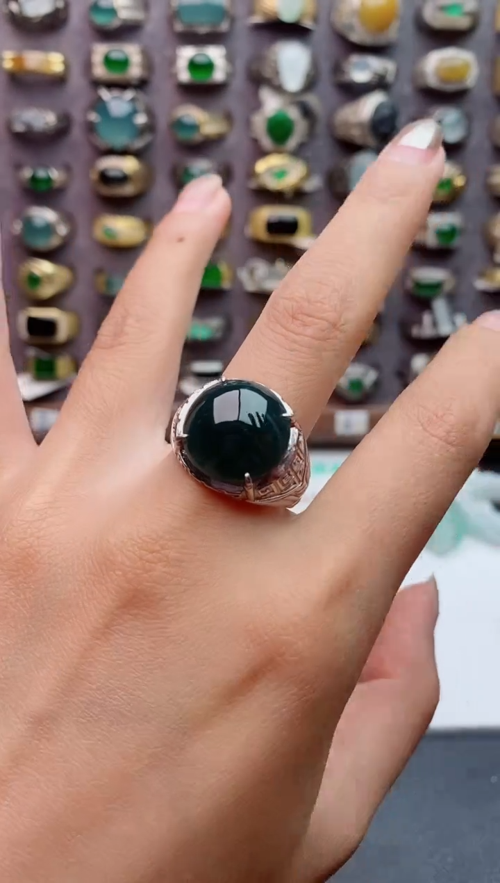 银S925镶嵌戒指翡翠天然翡翠男戒