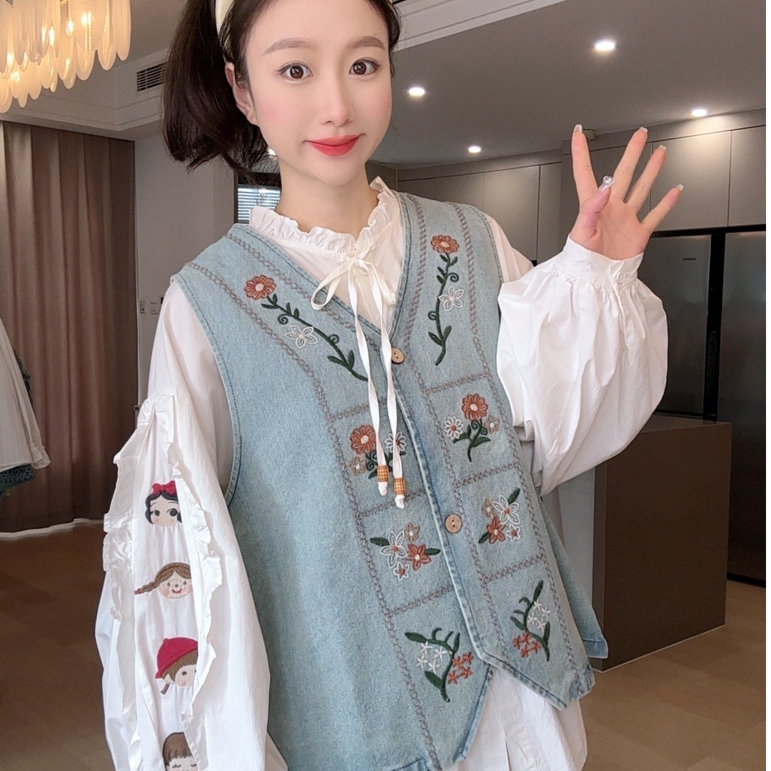 小玉推荐《V领牛仔》刺绣马甲