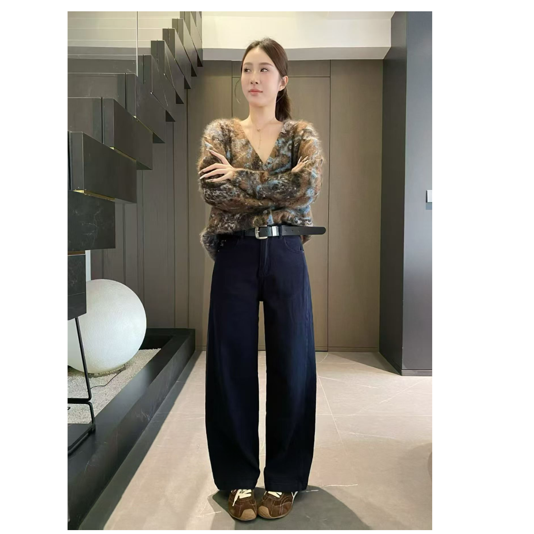 18873-1加绒冬季新款磨毛女牛仔裤深色直筒裤宽松加厚时尚百搭