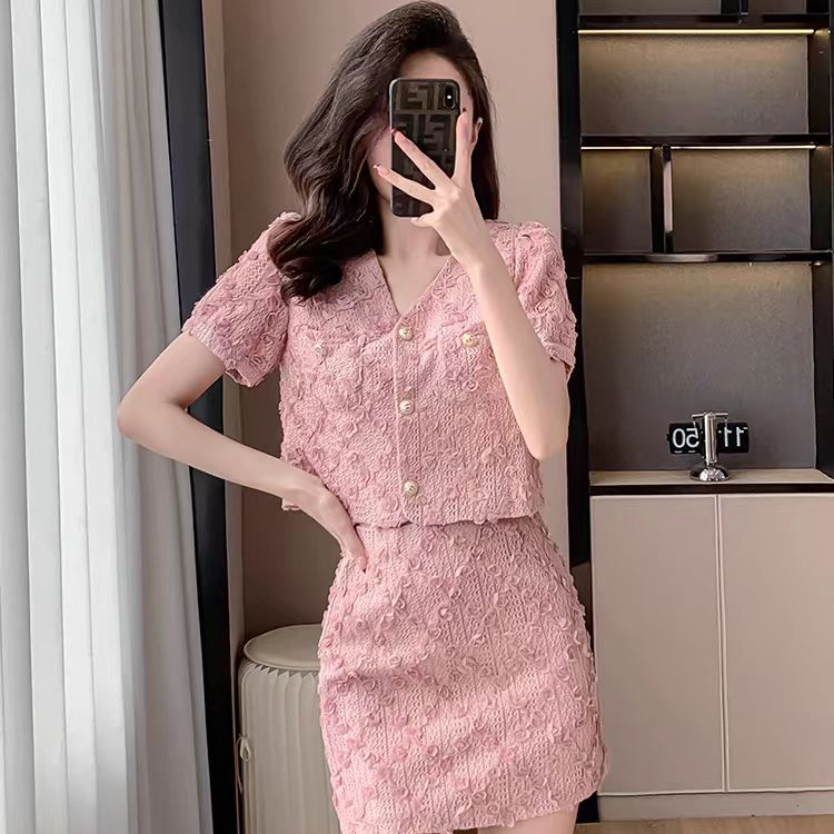 2025夏季新款上衣半身裙时尚气质粉色小香风套装