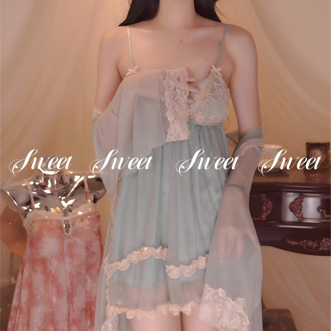 【清新脱俗】K新款女士睡衣网纱小众设计款带胸垫睡裙家居服套装