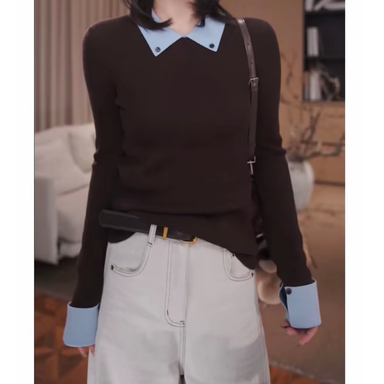 MEIZHENZI【精致个性】超细绵羊毛|撞色翻领针织衫女打底毛衣