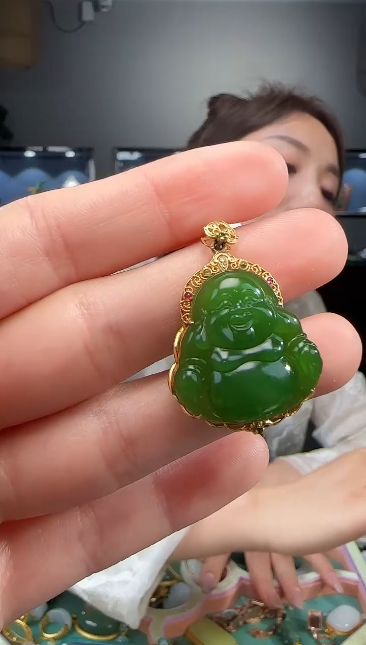 和田玉18K金镶嵌吊坠(不含链)1