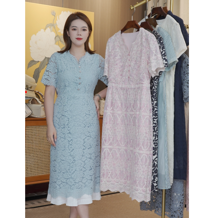 蓝色蕾丝连衣裙女2025夏季新款优雅知性短袖收腰A字裙