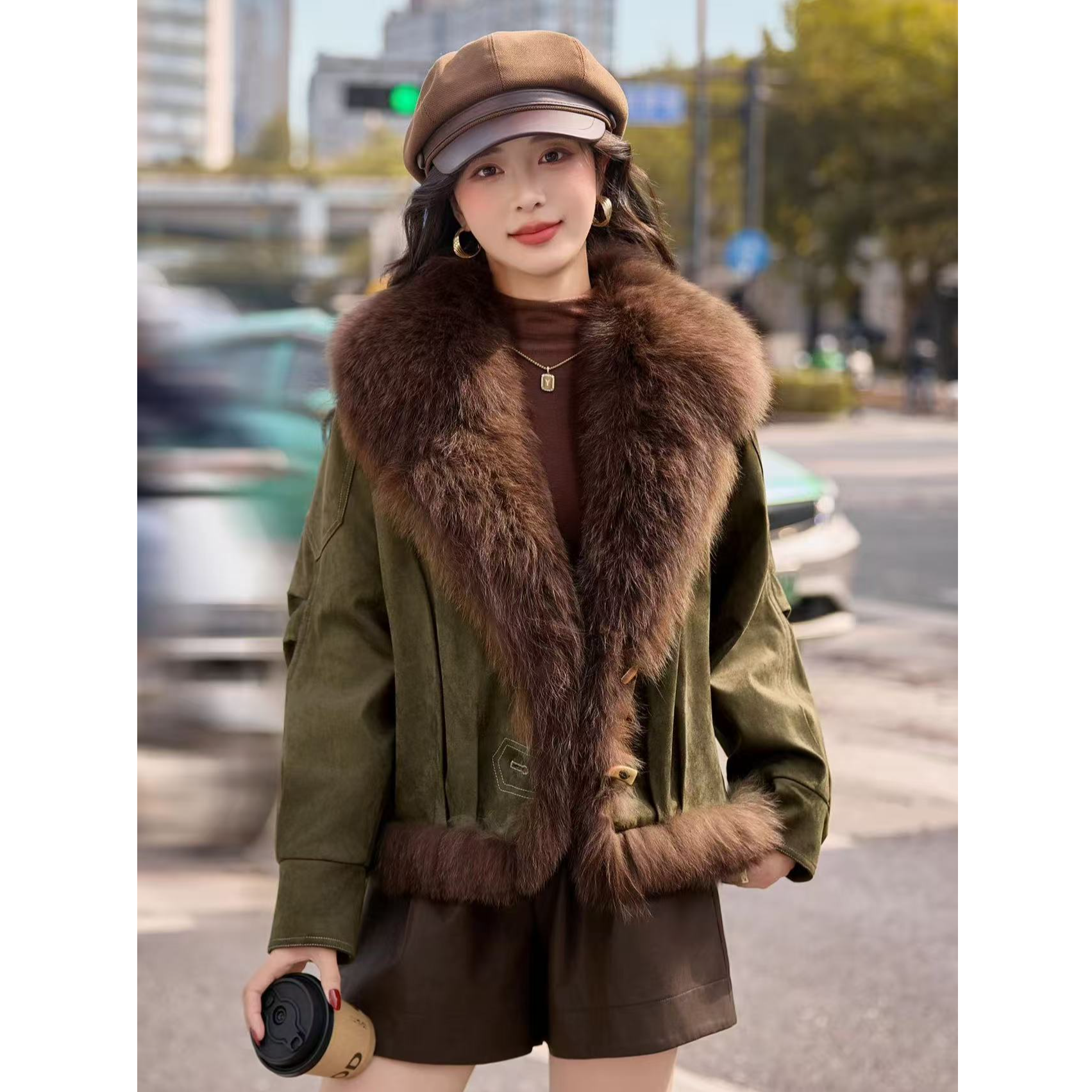 高级感毛领皮草拼接外套女2025冬季新款洋气巨好看S911218