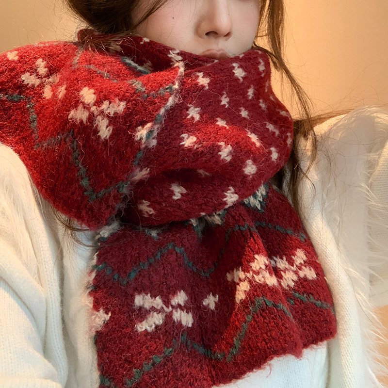 费尔岛风新年红色针织围巾女款冬季新款加厚保暖复古显白防风围脖